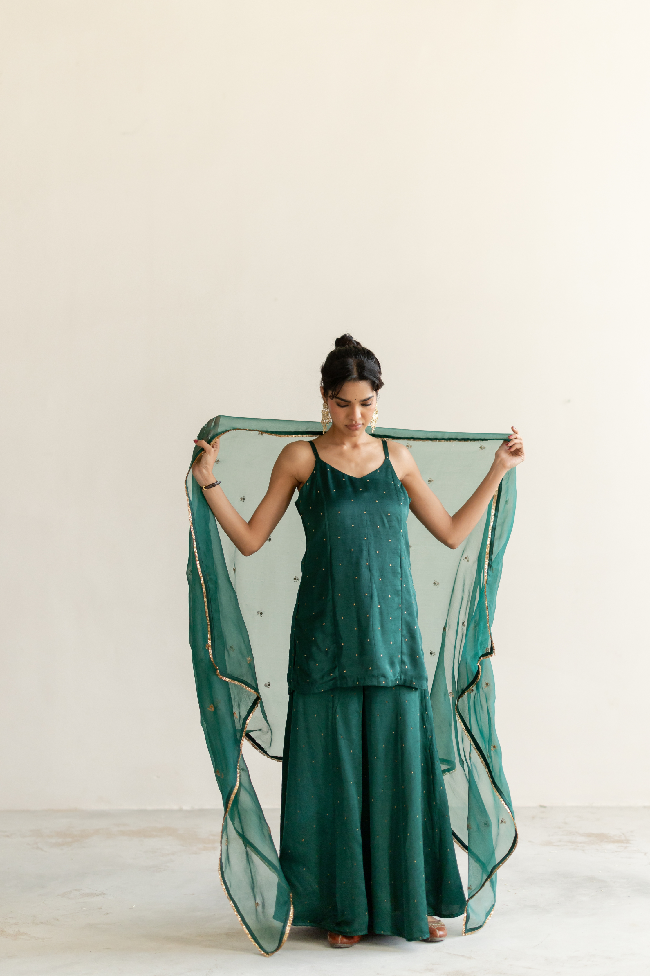 Emerald Green Roshni Gharara set with Noora Odhani