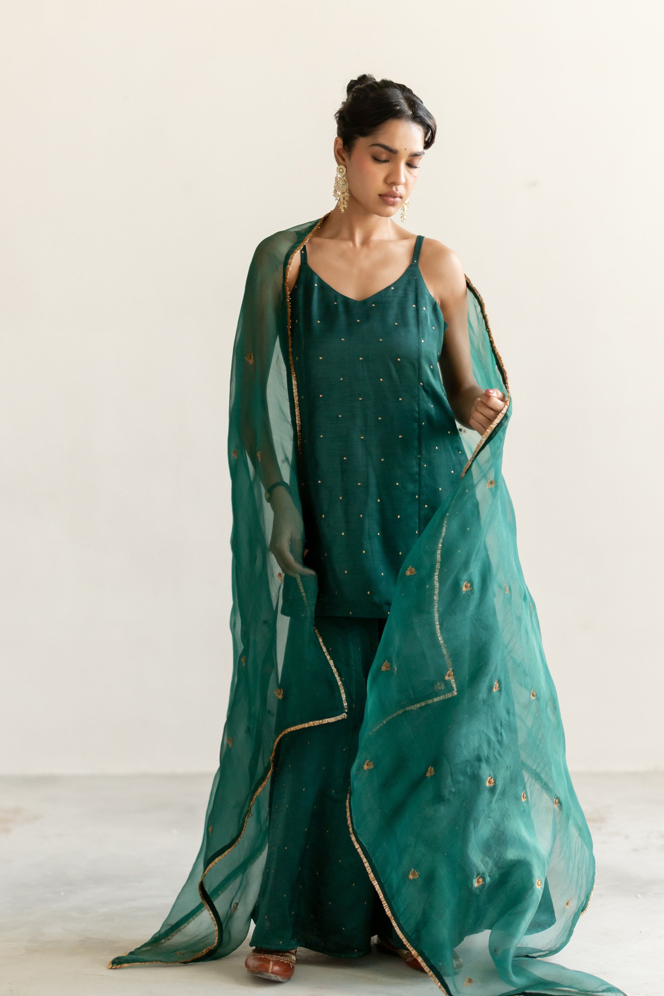 Emerald Green Roshni Gharara set with Noora Odhani
