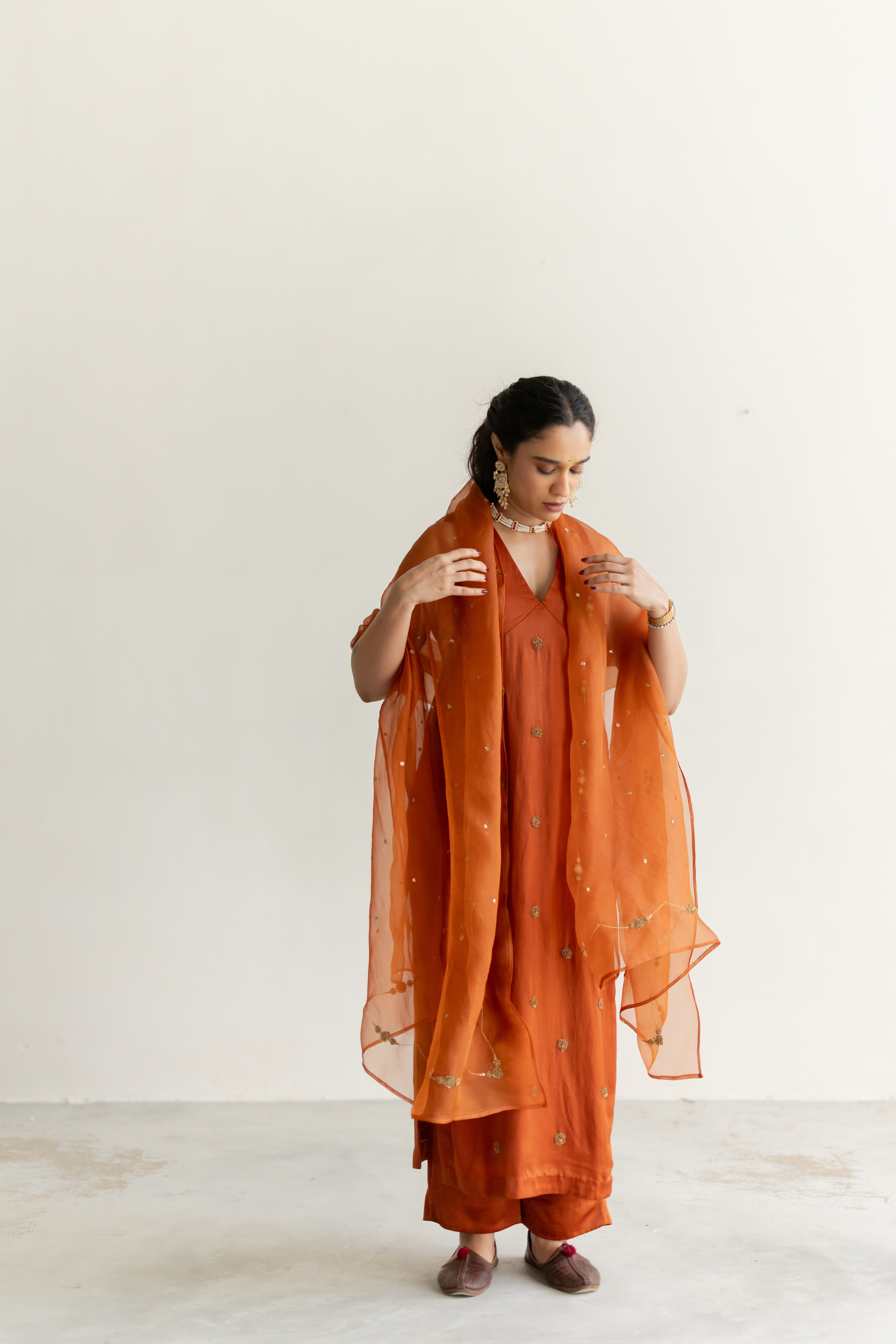 Rust Noorani Kurta with Neelam Odhani