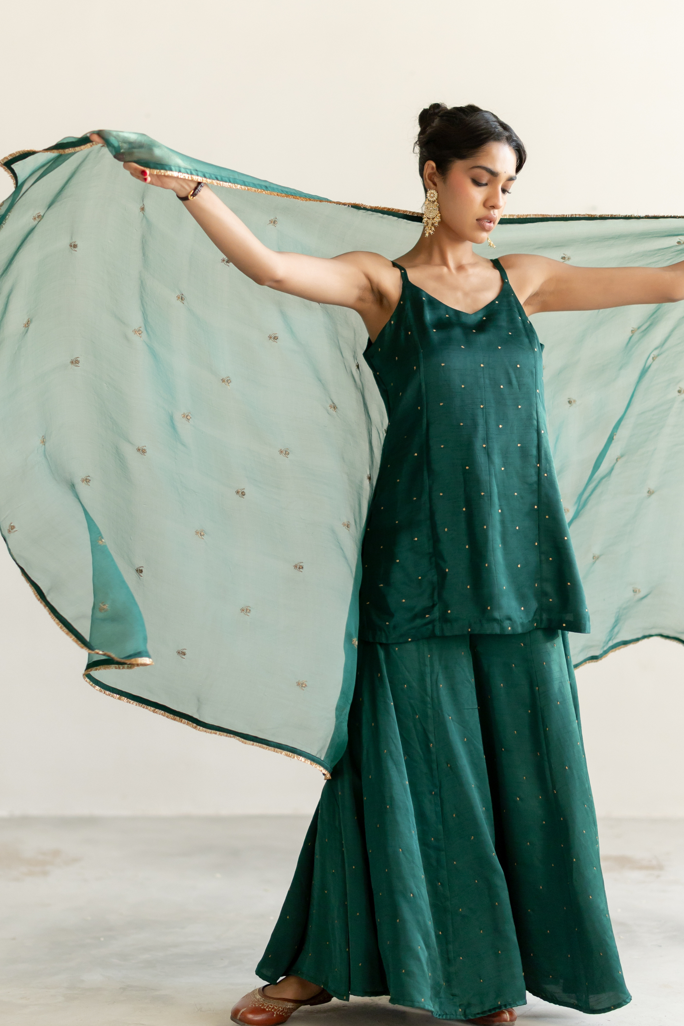 Emerald Green Roshni Gharara set with Noora Odhani