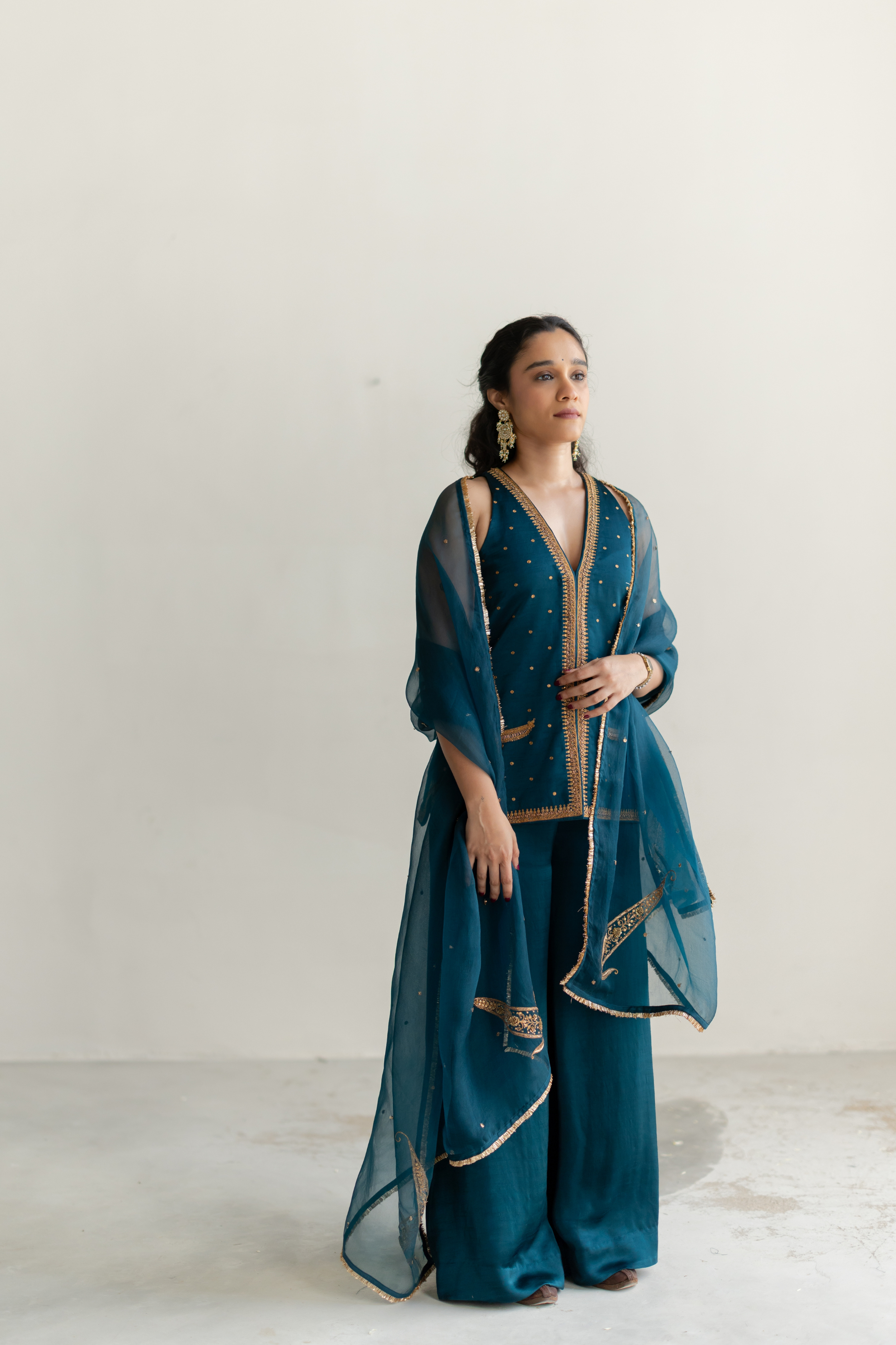 Teal Saanjh Gharara with Ambi Odhani