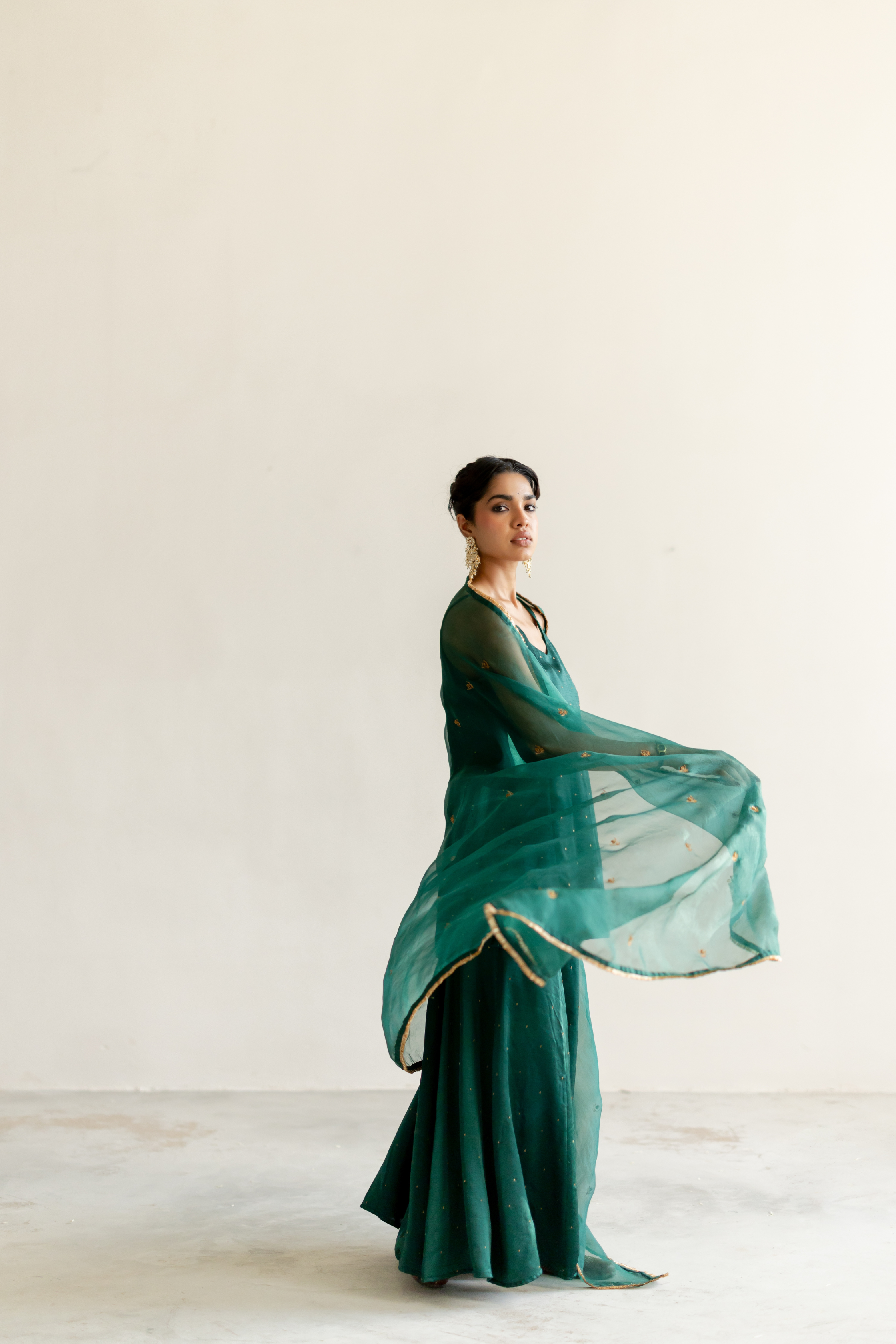 Emerald Green Roshni Gharara set with Noora Odhani