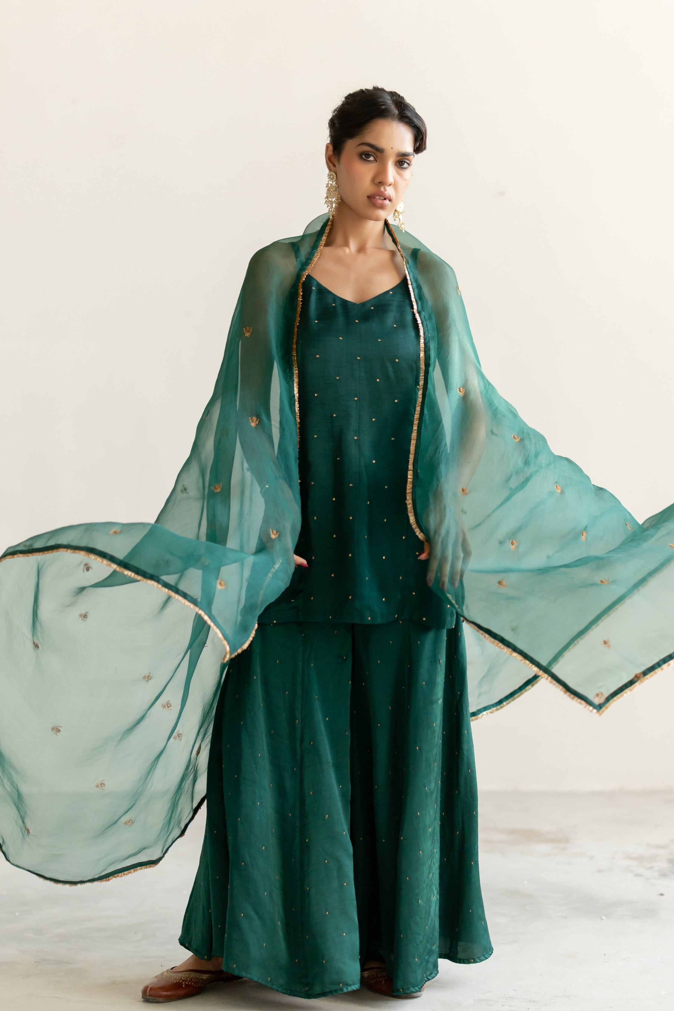 Emerald Green Roshni Gharara set with Noora Odhani