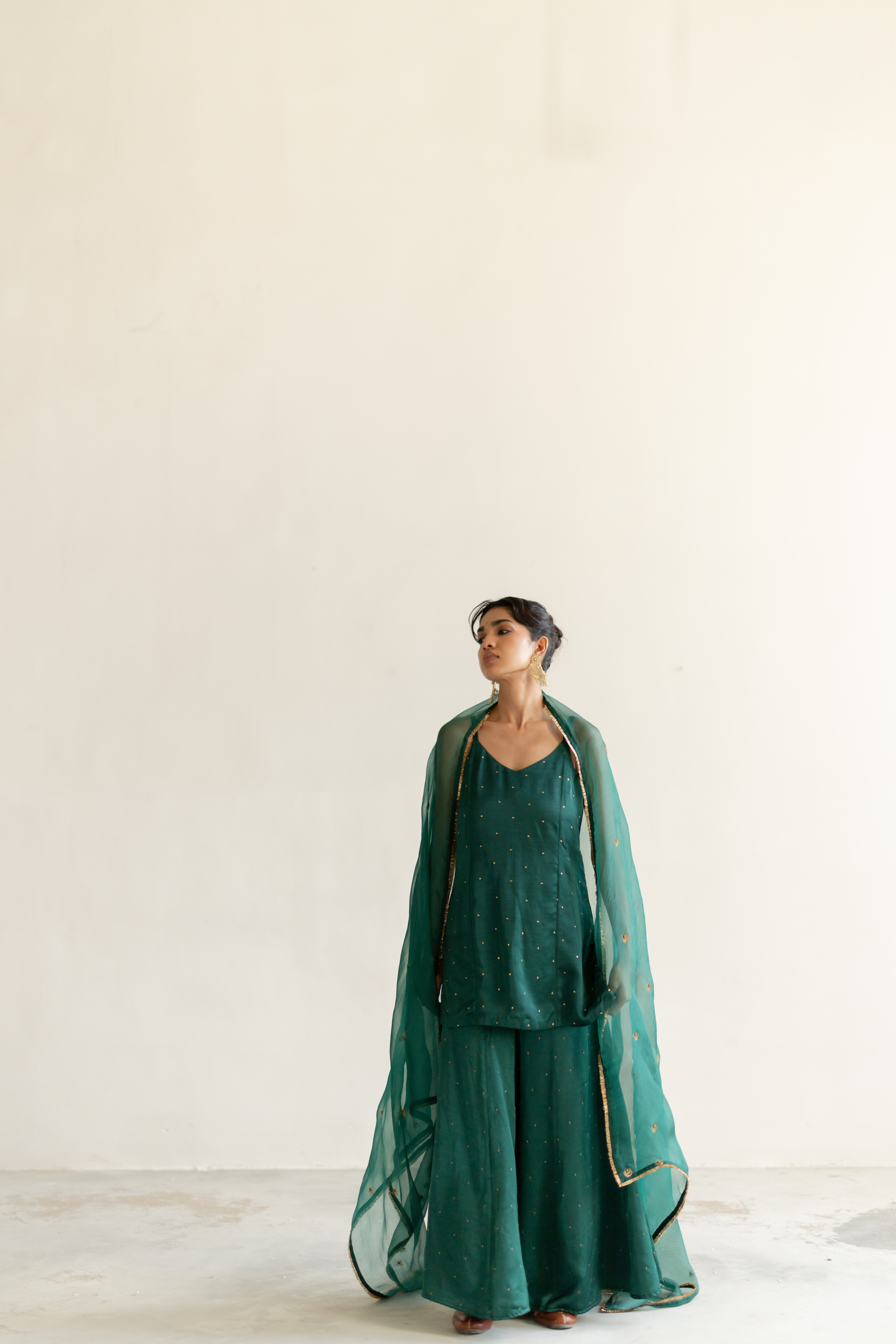 Emerald Green Roshni Gharara set with Noora Odhani