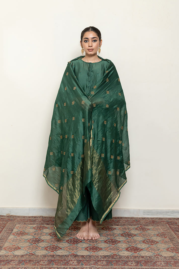 Roohi Kalidaar Kurta Set - Emerald Green (Set Of 3)