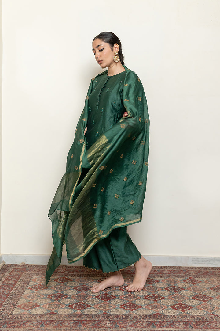 Roohi Kalidaar Kurta Set - Emerald Green (Set Of 3)