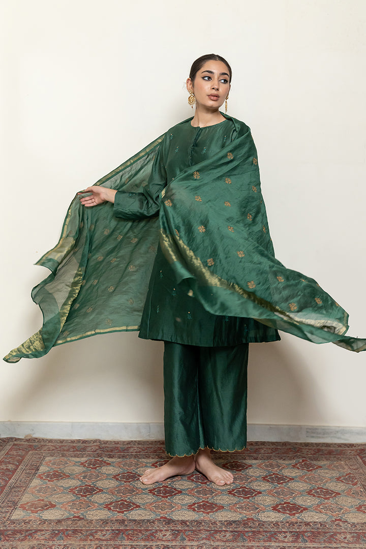 Roohi Kalidaar Kurta Set - Emerald Green (Set Of 3)