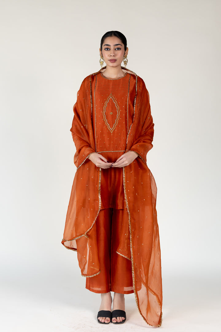 Rust Naaz Kurta With Sitara Odhani