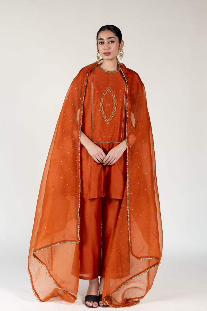 Rust Naaz Kurta With Sitara Odhani