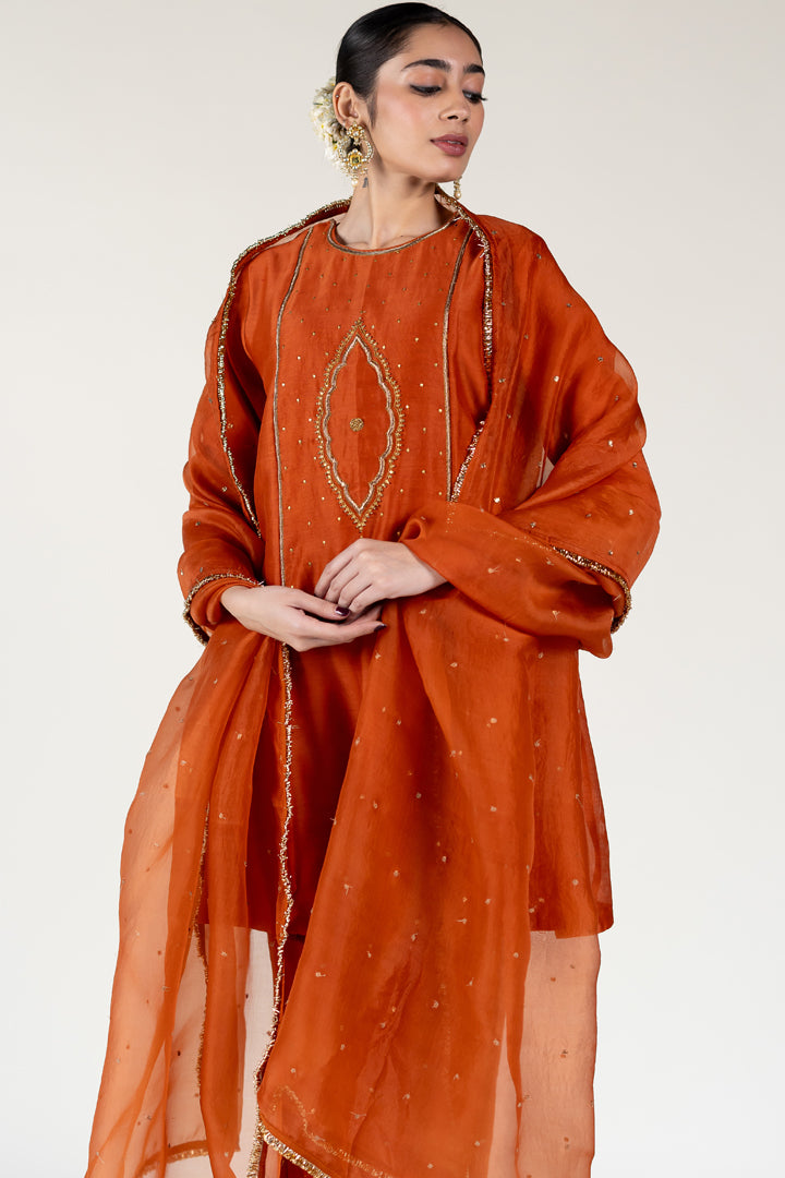 Rust Naaz Kurta With Sitara Odhani