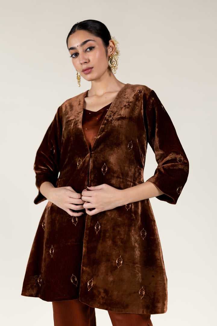 Brown Gulbahar Jacket With Roshni Kurta