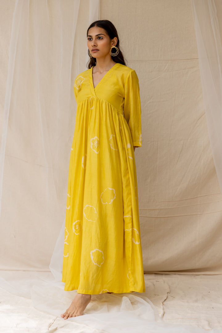 Yellow Dramatic Poppy Gathered Dress