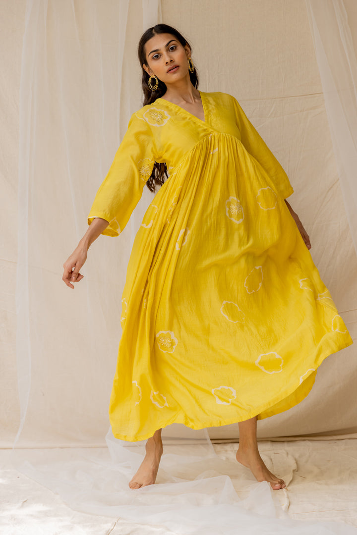 Yellow Dramatic Poppy Gathered Dress