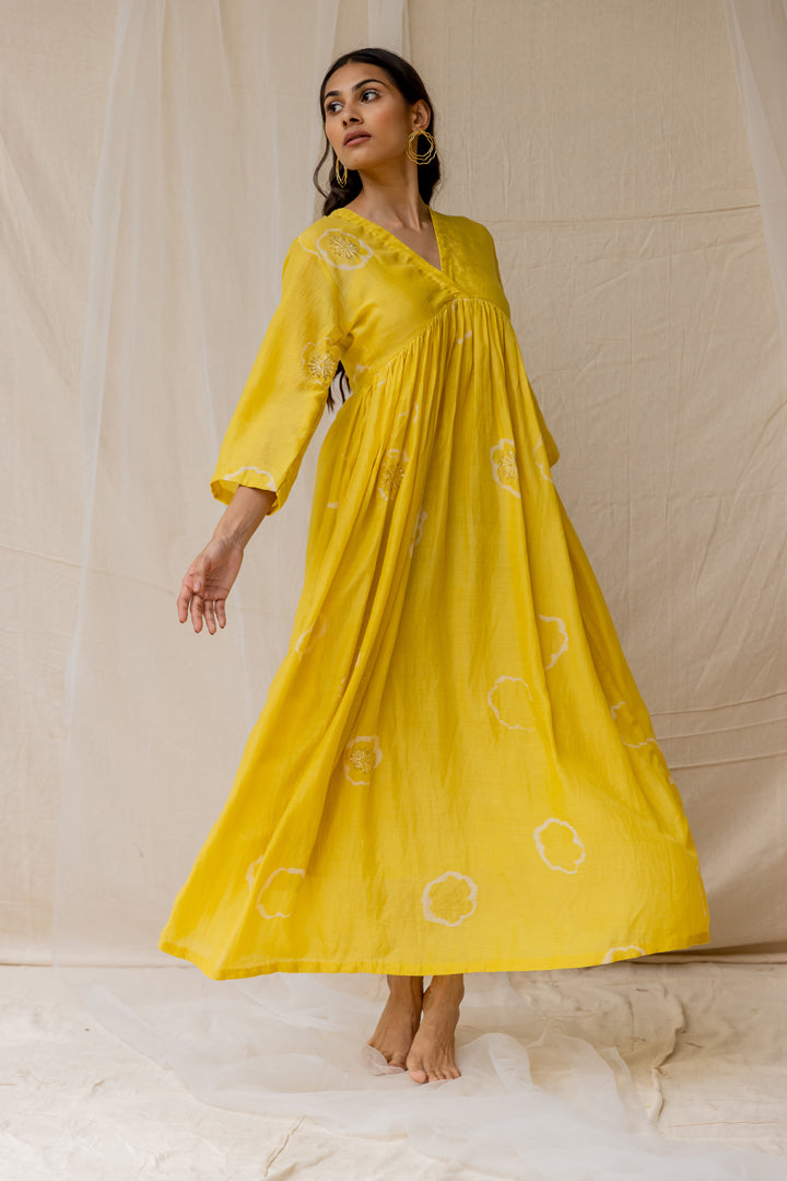 Yellow Dramatic Poppy Gathered Dress