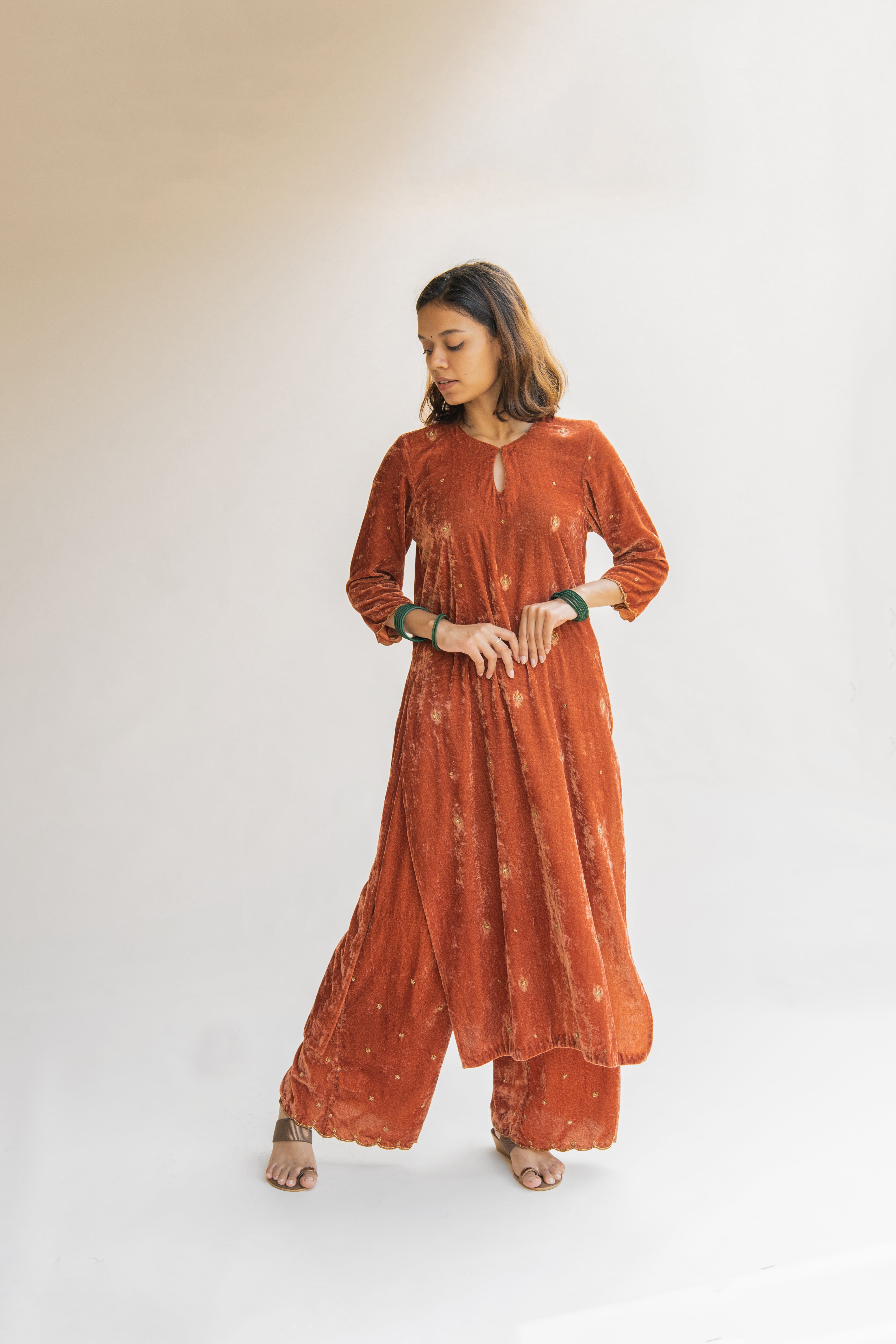 Rust Noorah Velvet Kurta (Set of 2)