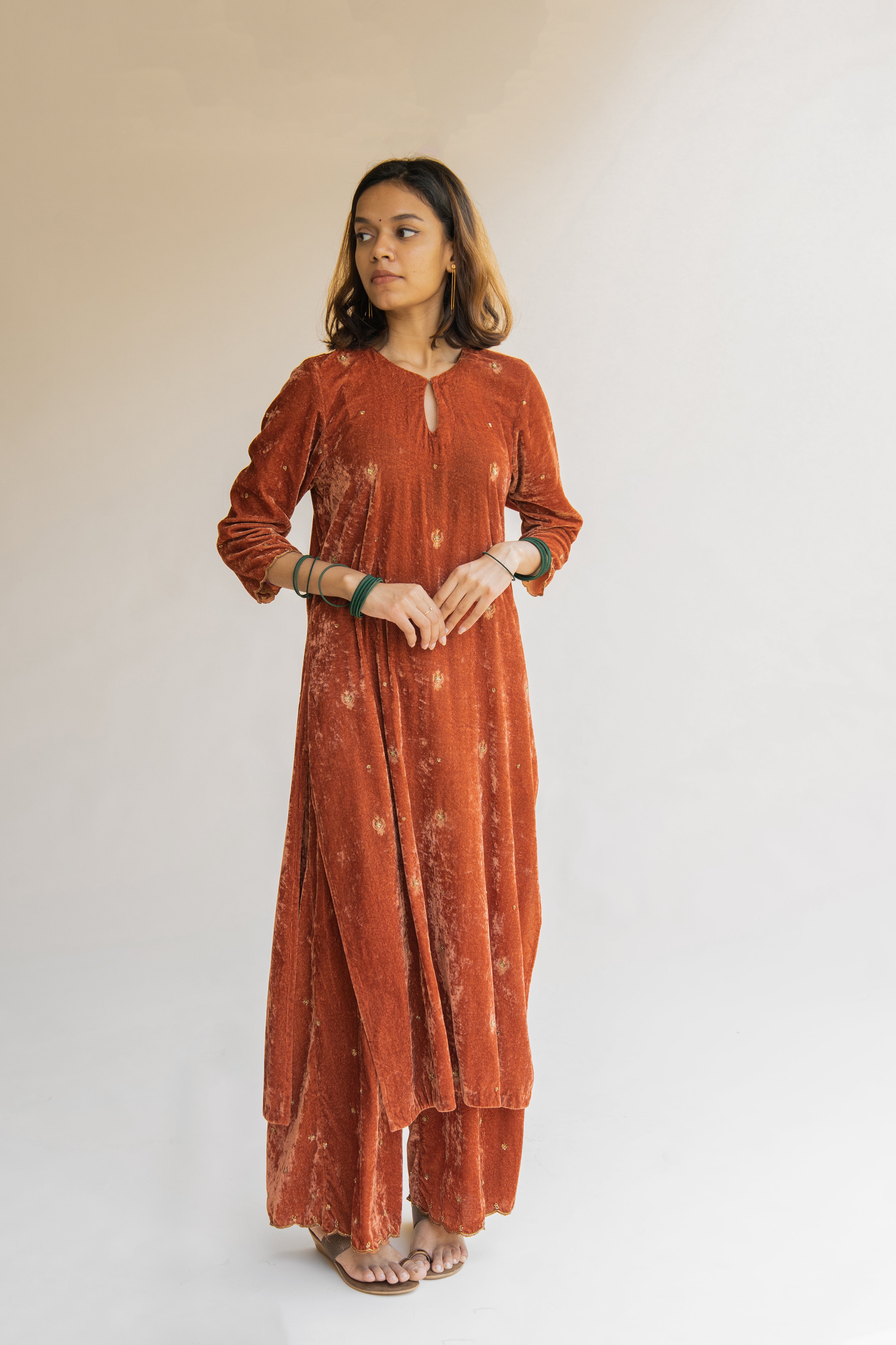 Rust Noorah Velvet Kurta (Set of 2)